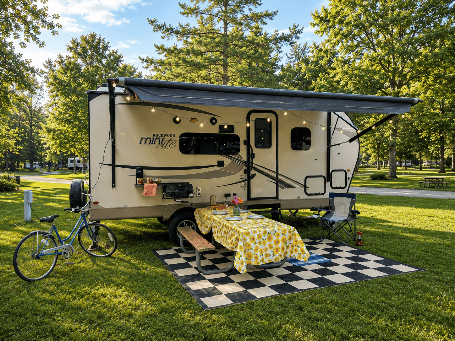 Cherry Cottage set up for a Northern Michigan getaway, with awning lights and a prepared picnic table